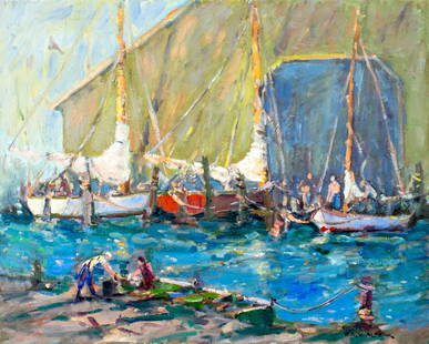 Robert Waltsak (NJ,b 1944) oil painting: ARTIST: Robert Alan Waltsak (New Jersey, born 1944) TITLE: Beatons Boat Yard, NJ (titled on verso) YEAR: 2009 MEDIUM: oil on canvas CONDITION: Few minor paint losses. Very minor craquelure. No