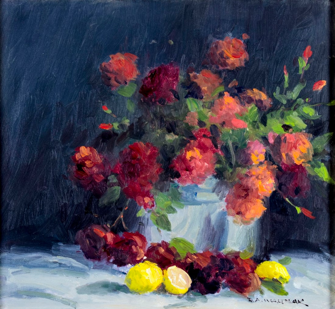Robert Waltsak (NJ,b 1944) oil painting: ARTIST: Robert Alan Waltsak (New Jersey, born 1944) TITLE: Still Life with Vase of Flowers MEDIUM: oil on canvas CONDITION: Very good. No visible inpaint under UV light. ART SIZE: 20 x 22 inches / 50 