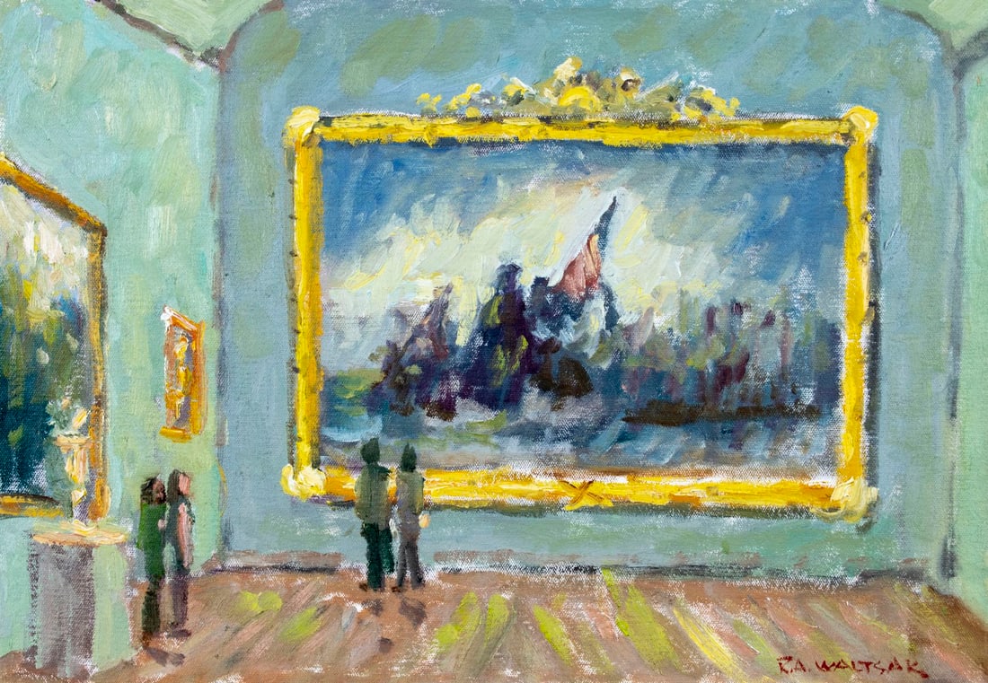 Robert Waltsak (NJ,b 1944) oil painting: ARTIST: Robert Alan Waltsak (New Jersey, born 1944) TITLE: Museum Scene MEDIUM: oil on canvas CONDITION: Very good. No visible inpaint under UV light. ART SIZE: 14 x 20 inches / 35 x 50 cm FRAME SIZE: