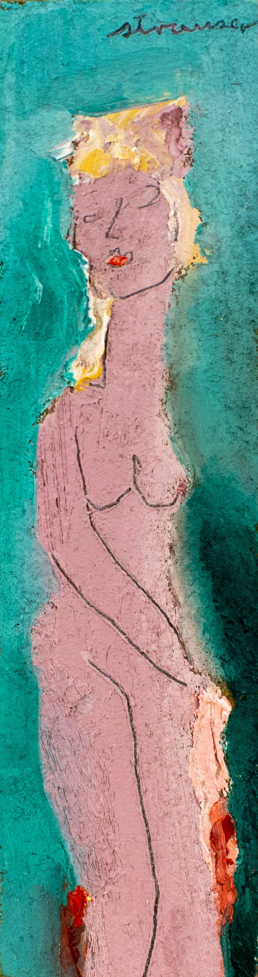 Sterling Strauser (PA,1907-1995) oil painting: ARTIST: Sterling Boyd Strauser (Pennsylvania, 1907 - 1995) TITLE: Nude MEDIUM: oil on board CONDITION: Very good. No visible inpaint under UV light. ART SIZE: 6 x 2 inches / 15 x 5 cm FRAME SIZE: unfr