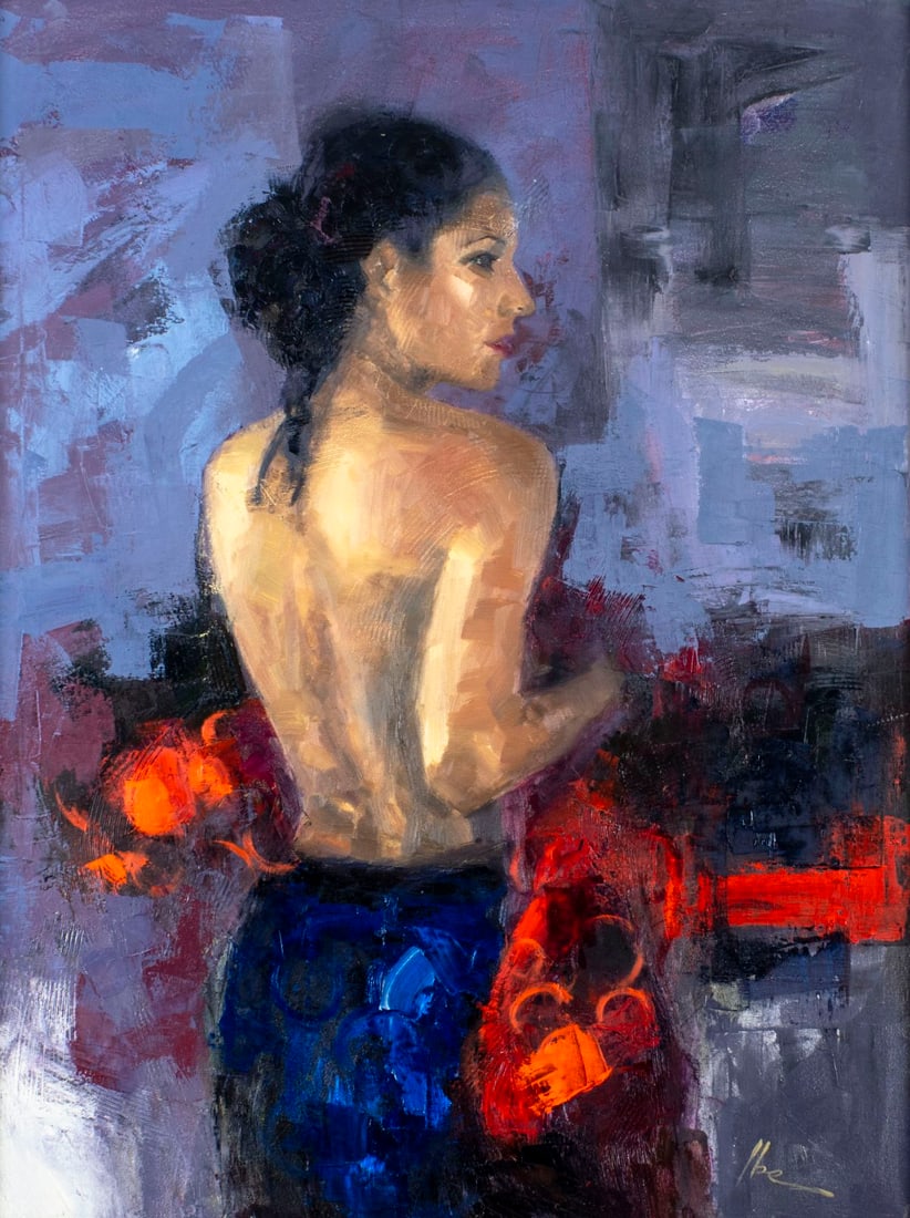 Onyeka Ibe (Nigeria,GA,b 1971) oil painting: ARTIST: Onyeka Ibe (Nigerian, Georgia, born 1971) TITLE: Red Scarf (titled on frame) MEDIUM: oil on canvas CONDITION: Very good. No visible inpaint under UV light. ART SIZE: 40 x 30 inches / 101 x 76