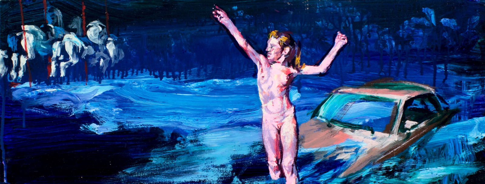 Don Doe (OH,NY,b 1963) oil painting: ARTIST: Don Doe (Ohio, New York, born 1963) TITLE: Flood No 44 (titled on verso) YEAR: 1994 MEDIUM: oil on canvas CONDITION: Very good. No visible inpaint under UV light. ART SIZE: 10 x 26 inches / 25