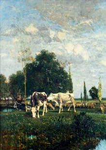 Rudolf Ribarz (Austria,1848-1904) oil painting antique: ARTIST: Rudolf Ribarz (Austrian, 1848 - 1904) TITLE: Landscape with Cows YEAR: 1974 MEDIUM: oil on board CONDITION: Few minor scratches/paint losses. Very minor craquelure. Few minor scattered inpaint
