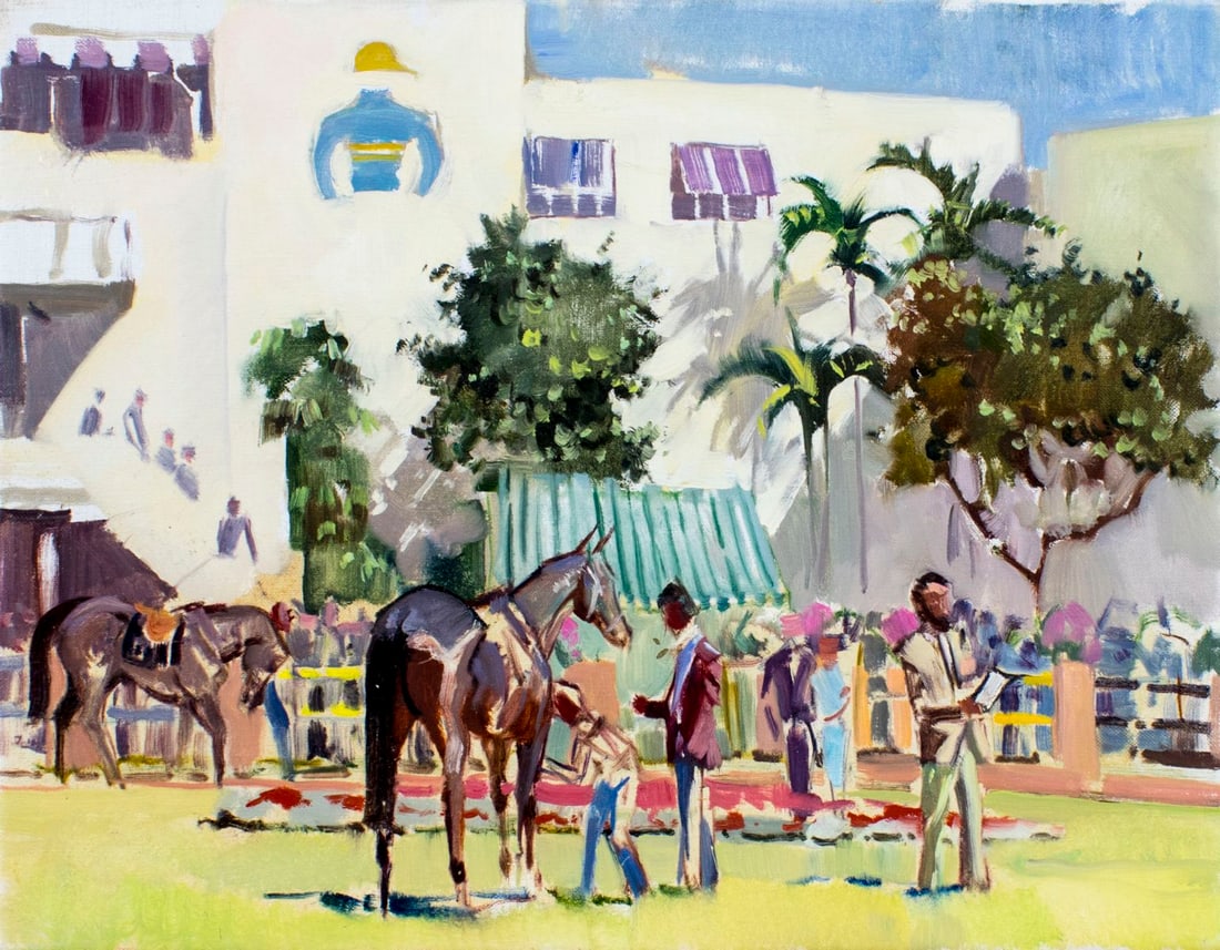 Peter Williams (NY,New Zealand,1934-2018) oil painting: ARTIST: Peter Williams (New York, New Zealand, 1934 - 2018) TITLE: The Old Gulfstream Park, FL MEDIUM: oil on canvas CONDITION: Very good. No visible inpaint under UV light. ART SIZE: 14 x 18 inches /
