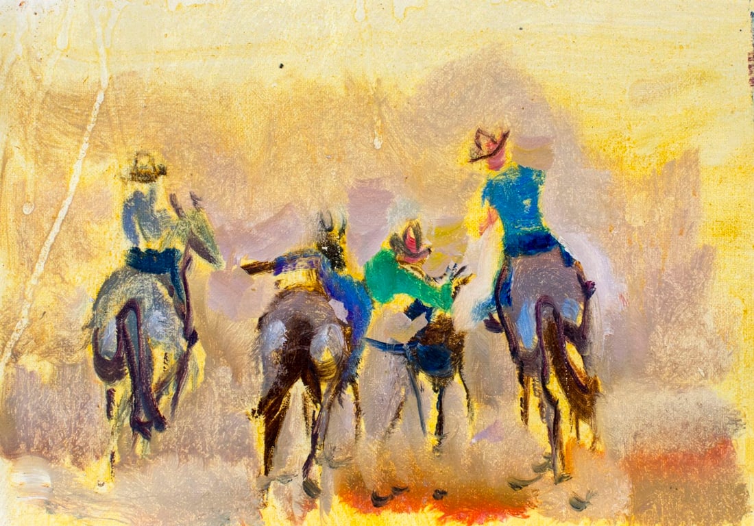 Peter Williams (NY,New Zealand,1934-2018) oil painting: ARTIST: Peter Williams (New York, New Zealand, 1934 - 2018) TITLE: Rodeo Scene MEDIUM: oil on canvas CONDITION: Unmounted. Very good. No visible inpaint under UV light. ART SIZE: 8 x 12 inches / 20 x