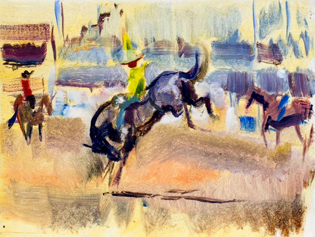 Peter Williams (NY,New Zealand,1934-2018) oil painting: ARTIST: Peter Williams (New York, New Zealand, 1934 - 2018) TITLE: Rodeo Scene MEDIUM: oil on canvas CONDITION: Unmounted. Very good. No visible inpaint under UV light. ART SIZE: 8 x 12 inches / 20 x