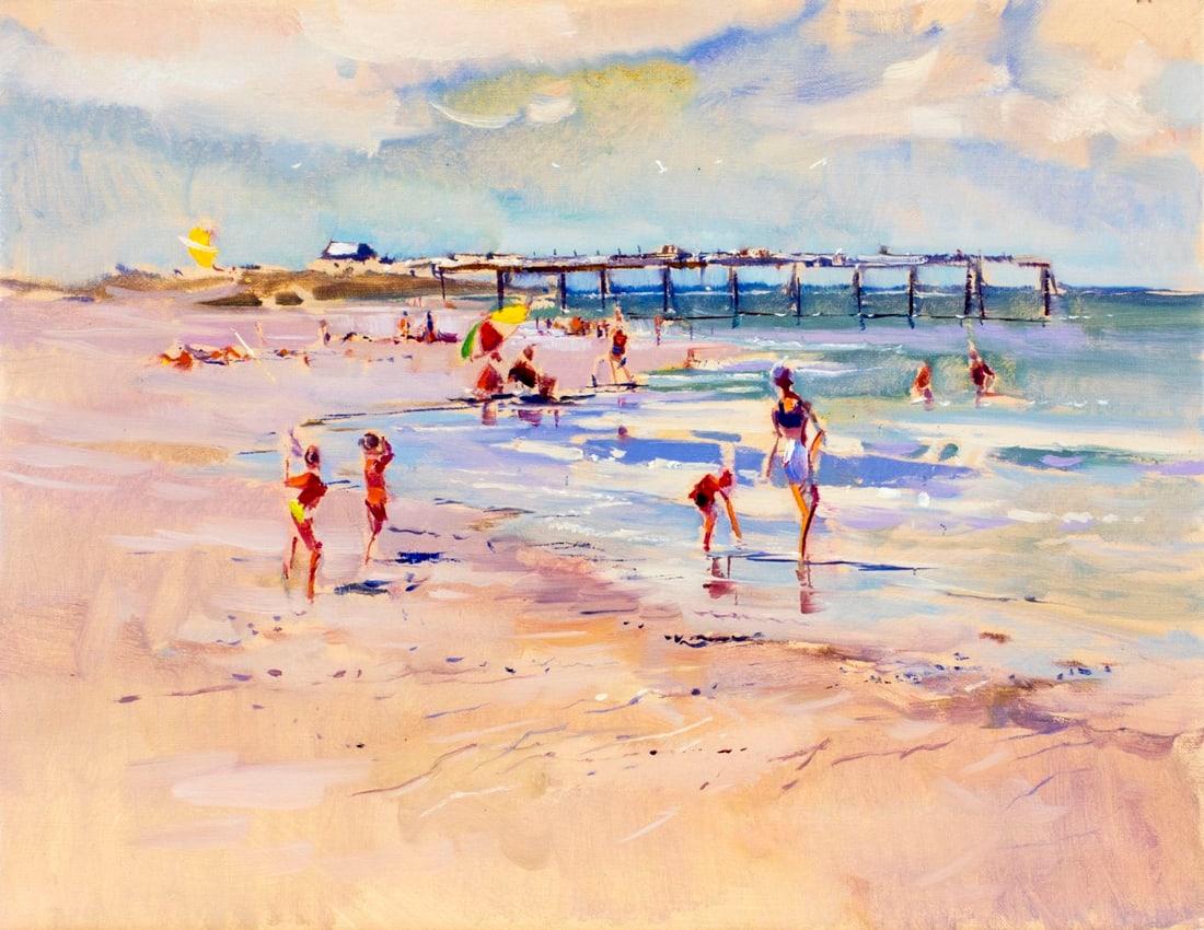 Peter Williams (NY,New Zealand,1934-2018) oil painting: ARTIST: Peter Williams (New York, New Zealand, 1934 - 2018) TITLE: Beach and Pier MEDIUM: oil on canvas CONDITION: Very good. No visible inpaint under UV light. ART SIZE: 14 x 18 inches / 35 x 45 cm F
