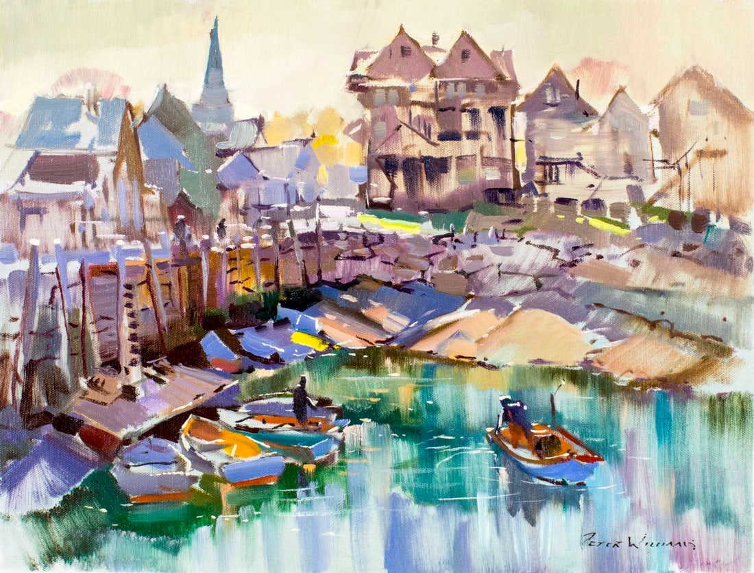 Peter Williams (NY,New Zealand,1934-2018) oil painting: ARTIST: Peter Williams (New York, New Zealand, 1934 - 2018) TITLE: Morning Journey MEDIUM: oil on canvas. Canvas applied to board. CONDITION: Very good. No visible inpaint under UV light. ART SIZE: 13