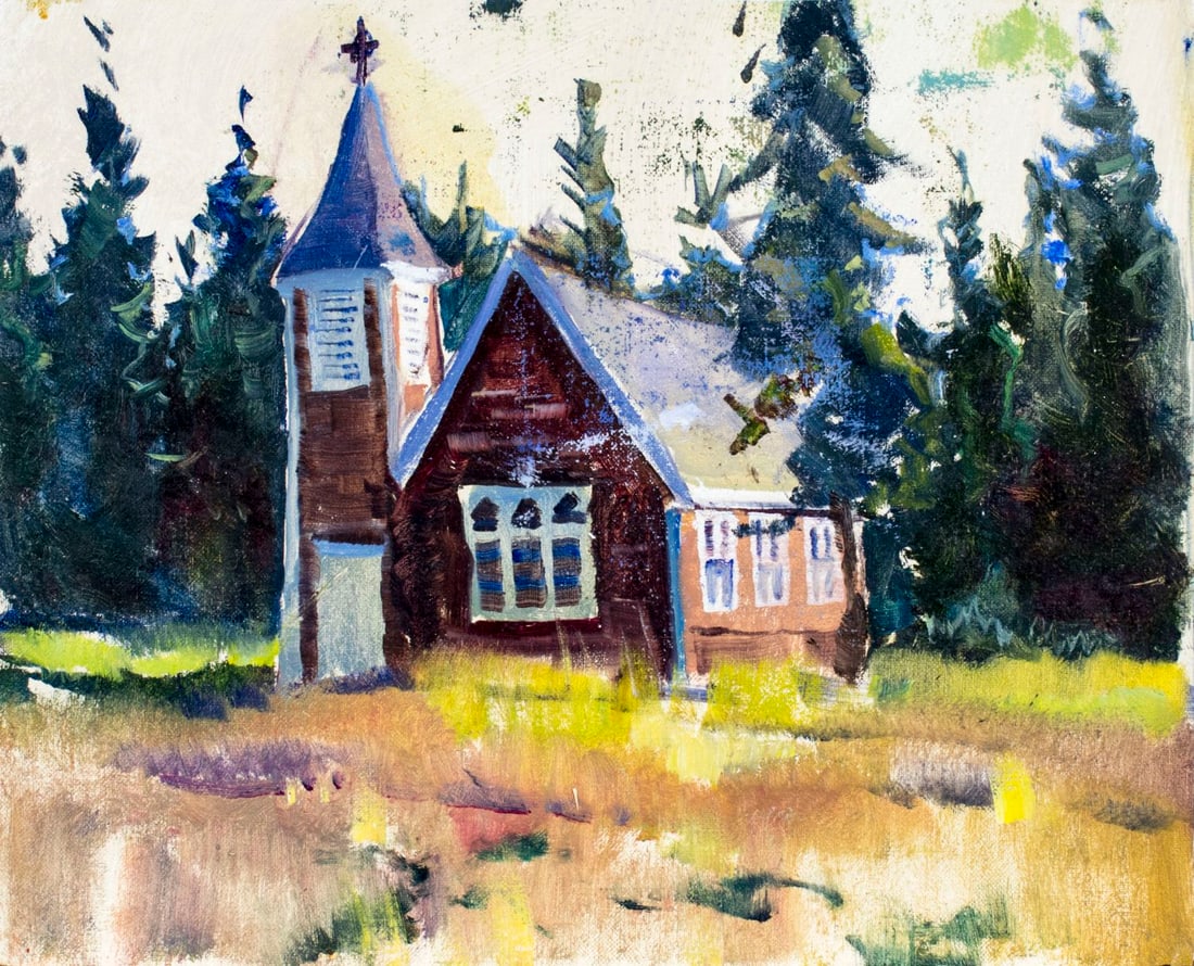 Peter Williams (NY,New Zealand,1934-2018) oil painting: ARTIST: Peter Williams (New York, New Zealand, 1934 - 2018) TITLE: Cabin Landscape MEDIUM: oil on canvas CONDITION: Unmounted. Very good. No visible inpaint under UV light. ART SIZE: 12 x 15 inches /