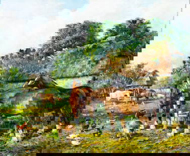 Samuel Joseph Clark (UK,1834-1912) oil painting antique: ARTIST: Samuel Joseph Clark (United Kingdom, 1834 - c. 1912) TITLE: Farm Scene with Horses MEDIUM: oil on canvas CONDITION: Relined. Some paint losses. Minor stable craquelure. Some scattered inpainti