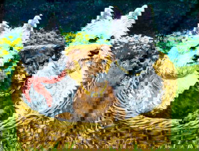 Constance Richardson (MI,IN,1905-2002) oil painting: ARTIST: Constance Coleman Richardson (Michigan, Indiana, 1905 - 2002) TITLE: Three Dogs in Basket YEAR: 1980 MEDIUM: oil on canvas CONDITION: One small paint loss. No visible inpaint under UV light. M