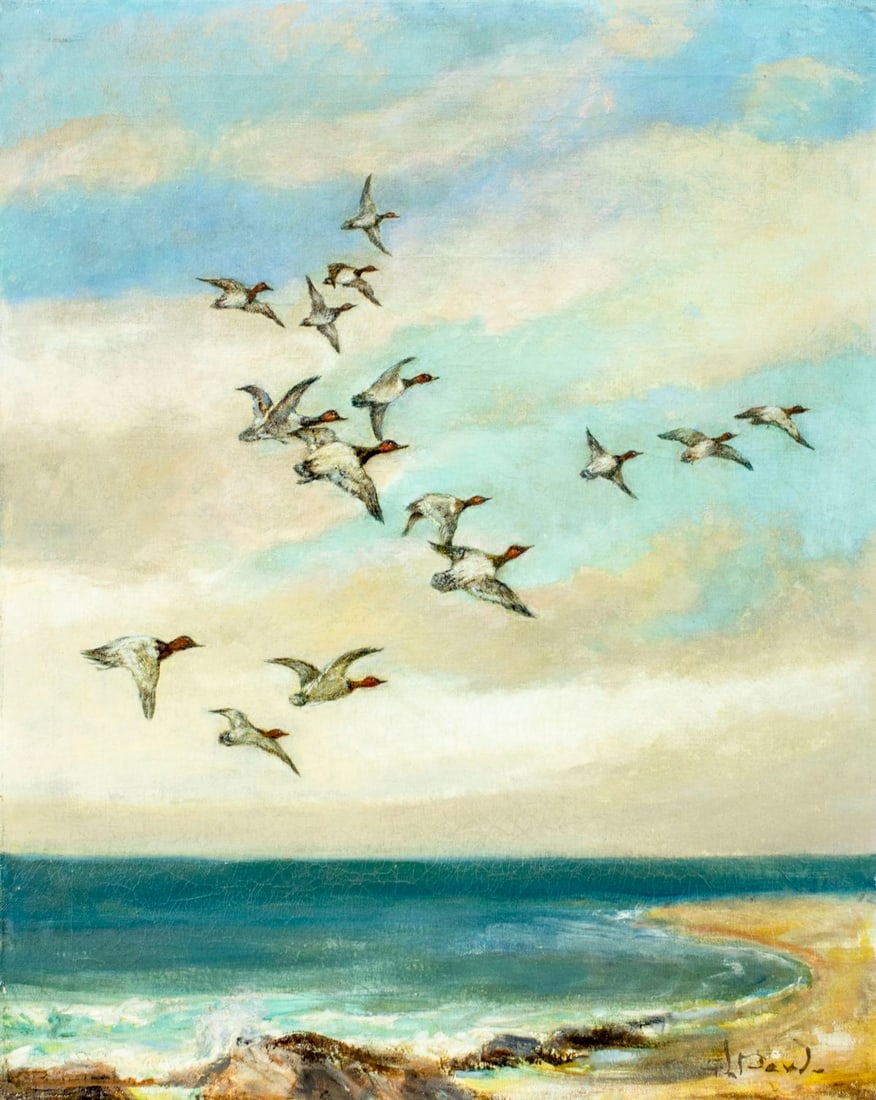 Gertrude Pew (MA,NY,OH,1876-1949) oil painting: ARTIST: Gertrude L Pew Robinson (Massachusetts, New York, Ohio, 1876 - 1949) TITLE: Ducks - Traveling (titled on stretcher) MEDIUM: oil on canvas CONDITION: Few minor paint losses. Some craquelure. So
