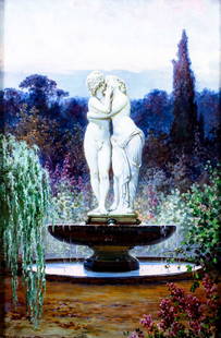 Adolf Liebscher (Czech,1857-1919) oil painting antique: ARTIST: Adolf Liebscher (Czech Republic, 1857 - 1919) TITLE: Garden Fountain MEDIUM: oil on canvas CONDITION: Few nail holes along edges. Very minor craquelure. No visible inpaint under UV light. Wear