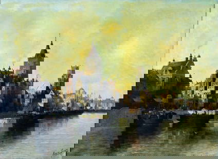 August von Siegen (German,1850-1920s) oil painting antique: ARTIST: August von Siegen (Germany, 1850 - 1920s) TITLE: European Cityscape MEDIUM: oil on canvas CONDITION: Few patches. Few minor paint losses. Minor craquelure. Some scattered inpaintings. ART SIZE