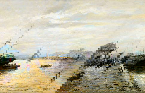 Robert Mols (Belgium,1848-1903) oil painting antique: ARTIST: Robert Charles Gustave Laurens Mols (Flemish, Belgian, 1848 - 1903) NAME: Harbor Scene MEDIUM: oil on canvas CONDITION: Overall good. Some scattered inpaintings under UV light. SIGHT SIZE: 19