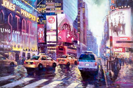 Jian Wu (China,CA,1942-?) oil painting: ARTIST: Jian Wu (Chinese, California, 1942 - ???) TITLE: Dusk in Times Square (titled on verso) MEDIUM: oil on canvas board CONDITION: Few minor paint losses. Few faint scratches. No visible inpaint u