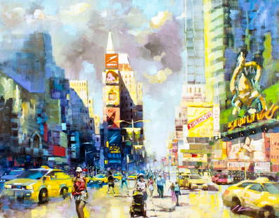 Jian Wu (China,CA,1942-?) oil painting: ARTIST: Jian Wu (Chinese, California, 1942 - ???) TITLE: Summer in Times Square MEDIUM: oil on canvas CONDITION: Few minor paint losses. No visible inpaint under UV light. ART SIZE: 22 x 28 inches / 5