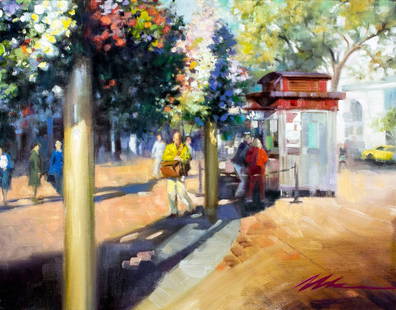 Jian Wu (China,CA,b 1942) oil painting: ARTIST: Jian Wu (Chinese, California, born 1942) TITLE: Ticket Booth (titled on stretcher) MEDIUM: oil on canvas CONDITION: Very good. No visible inpaint under UV light. ART SIZE: 11 x 14 inches / 27