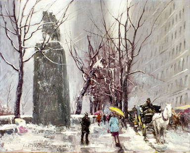 Vladimir Lazarev (Russia,France,Germany,1904-1988) oil painting: ARTIST: Vladimir Lazarev (Russian, French, German, 1904 - 1988) TITLE: Winter Paris Cityscape MEDIUM: oil on canvas CONDITION: One small patch. Missing a few flakes of paint. Minor craquelure. No visi