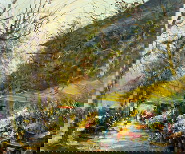 Vladimir Lazarev (Russia,France,1904-1988) oil painting: ARTIST: Vladimir Lazarev (Russian, French, German, 1904 - 1988) TITLE: Paris Flower Market MEDIUM: oil on canvas CONDITION: Small paint losses. Few small inpaitings. Wear to frame. ART SIZE: 30 x 36 i