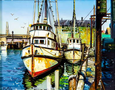 Filastro Mottola (CA,NJ,1915-2008) oil painting: ARTIST: Filastro Matthew Mottola (California, New Jersey, 1915 - 2008) TITLE: Fishermans Wharf, San Francisco (titled on label) MEDIUM: oil on board CONDITION: Few faint scratches. No visible inpaint