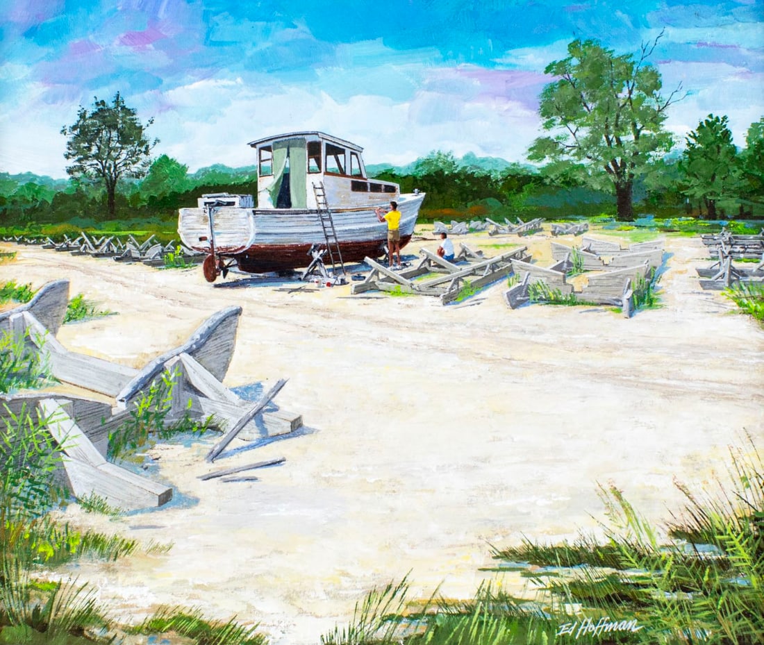 Ed Hoffman (NJ,20C) oil painting antique: ARTIST: Edward Hoffman (New Jersey, 20 century) NAME: Late Start YEAR: 1972 MEDIUM: oil on canvas board CONDITION: Very good. No visible inpaint under UV light. SIGHT SIZE: 20 x 24 inches / 50 x 60 cm