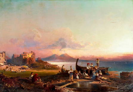 Franz Unterberger (Belgium,Austria,1838-1902) oil painting antique: ARTIST: Franz Richard Unterberger (Belgian, Austrian, 1838 - 1902) NAME: Bay of Naples MEDIUM: oil on canvas CONDITION: One tear 2" long. Very minor craquelure. One patch repair with minor correspondi