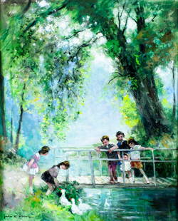 Jules Rene Herve (France,US,1887-1981) oil painting: ARTIST: Jules Rene Herve (French, American, 1887 - 1981) TITLE: Children on Bridge with Ducks MEDIUM: oil on canvas CONDITION: Few small faint scratches. Few minor paint losses. No visible inpaint und