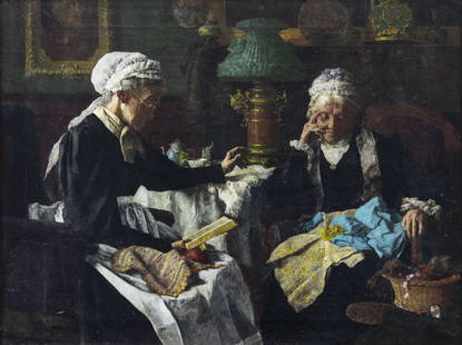 Louis Moeller (NY,1855-1930) oil painting antique: ARTIST: Louis Henry Charles Moeller (New York, 1855 - 1930) TITLE: Conversation MEDIUM: oil on canvas CONDITION: Few small scratches/paint losses. Minor craquelure. Some scattered inpaintings. Some da