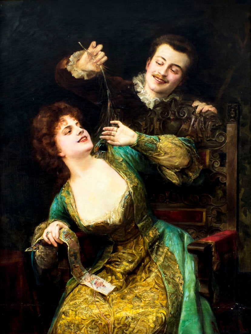 Georges Achille Fould (Belgium,France,1868-1951) oil painting antique: ARTIST: Georges Achille Fould (Belgian,French, 1868 - 1951) TITLE: The Peacock Feather MEDIUM: oil on canvas CONDITION: Relined. Some small paint losses mostly along lower edge. Some craquelure. Few s