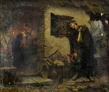 Ernst Payer (Austria,1862-1937) oil painting antique: ARTIST: Ernst Payer (Austrian, 1862 - 1937) NAME: Wounded Soldier YEAR: 1891 MEDIUM: oil on canvas CONDITION: Two punctures. Few minor paint losses. No visible inpaint under UV light. SIGHT SIZE: 22 x