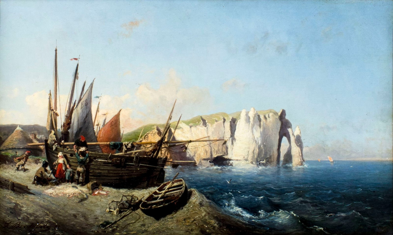 Louis Bentabole (France,1820-1880) oil painting antique: ARTIST: Louis Bentabole (French, 1820 - 1880) TITLE: Coastal Scene with Fishing Boat YEAR: 1861 MEDIUM: oil on canvas CONDITION: One patch. Four small inpaintings along lower edge. Very minor craquelu