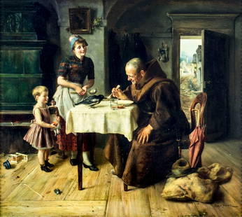 Ernst Nowak (Austria,1853-1919) oil painting antique: ARTIST: Ernst Novak (Austrian, 1851/53 - 1919) NAME: Monk Feeding Bird MEDIUM: oil on board CONDITION: Overall good. Some scattered inpaintings under UV light. SIGHT SIZE: 16 1/2 x 18 1/2 inches / 43