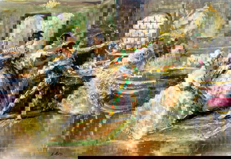 Americo Makk (Hawaii,NY,Hungary,1927-2015) oil painting: ARTIST: Americo Makk (Hawaiian, New York, Hungarian, 1927 - 2015) TITLE: Masquerade MEDIUM: oil on canvas CONDITION: Missing a few flakes of paint. No visible inpaint under UV light. ART SIZE: 27 x 39