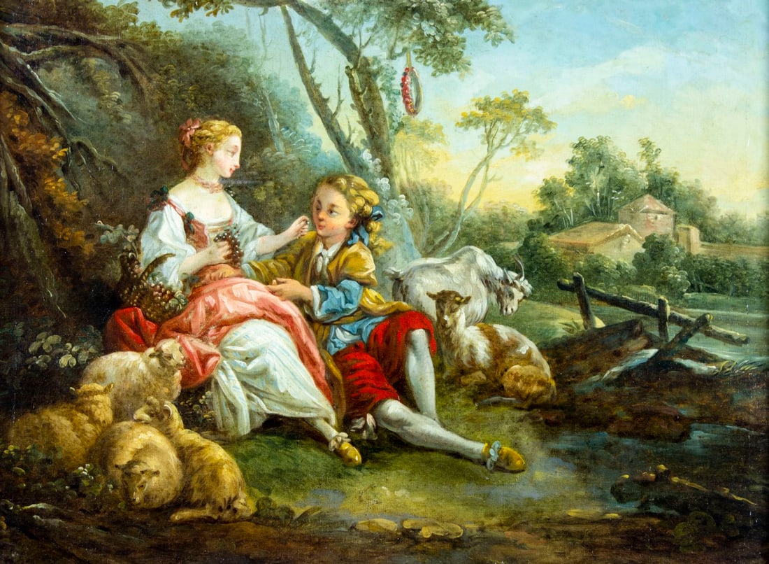 Antique early 20C French oil painting: ARTIST: - (France, early 20 century) AFTER Francois Boucher (France, Italy, 1703 - 1770) TITLE: Pastoral Scene MEDIUM: oil on canvas CONDITION: Missing a few flakes of paint. Minor craquelure. Some sc