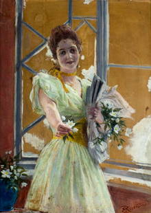 Emil Rosenstand (German,1859-1932) oil painting antique: ARTIST: Emil Rosenstand (Germany, 1859 - 1932) NAME: Woman with Flowers MEDIUM: oil on board CONDITION: Minor damages along edges. No visible inpaint under UV light. Wear to frame. SIGHT SIZE: 16 x 11