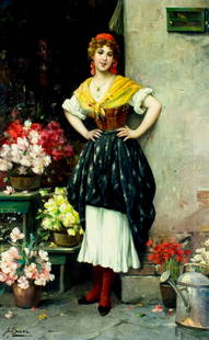 Josef Suss (Austria,1892-1961) oil painting: ARTIST: Josef Suss (Austrian, 1892 - 1961) NAME: Flower Seller MEDIUM: oil on canvas CONDITION: Very good. No visible inpaint under UV light. Minor damages to frame. SIGHT SIZE: 23 x 14 inches / 58 x