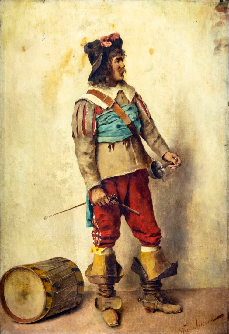 Arnaldo Tamburini (CA,IL,NY,Italy,1885-1936) oil painting antique: ARTIST: Arnaldo Casella Jr Tamburini (California, Illinois, New York, Italian, 1885 - 1936) TITLE: Man with Rapier and Flintlock Pistol MEDIUM: oil on canvas CONDITION: Two small patches. Few small pa