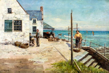 John D Taylor (UK,?-1900) oil painting antique: ARTIST: John D Taylor (British,Scottish, ??? - 1900) NAME: British Coastal Village Scene MEDIUM: oil on canvas CONDITION: One patch. Minor craquelure. No visible inpaint under UV light. SIGHT SIZE: 20