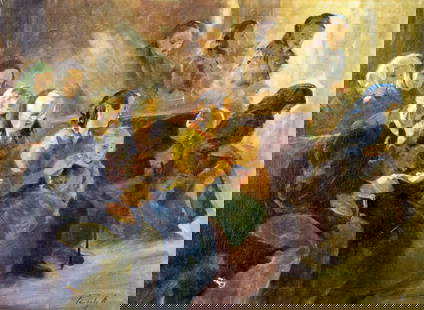 Antal Anton Peczely (Hungary,1891-1963) oil painting: ARTIST: Antal Anton Peczeli (Hungarian, 1891 - 1963) NAME: In the Church MEDIUM: oil on canvas CONDITION: Few patch repairs with corresponding inpaintings. Some craquelure. SIGHT SIZE: 29 x 39 inches