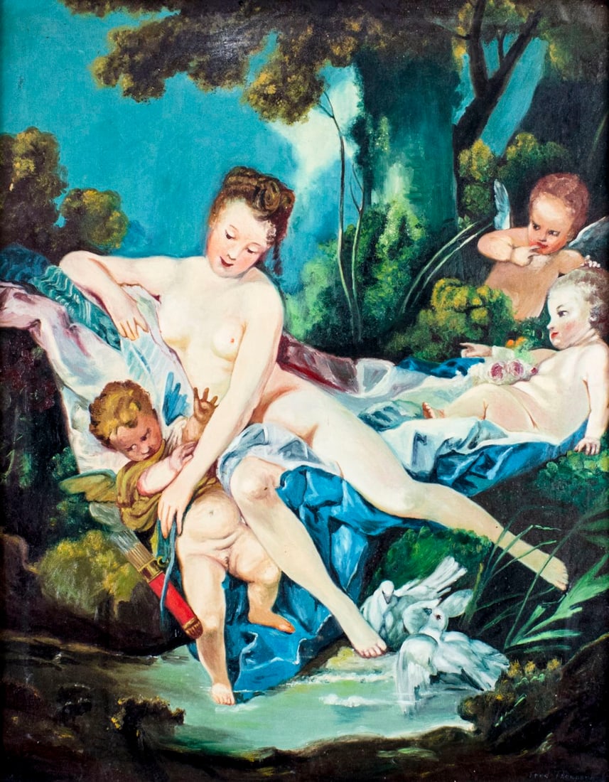 Fred Thompson (US,mid 20C) oil painting: ARTIST: Fred Tompson (American, mid 20 century) TITLE: Mythological Scene MEDIUM: oil on canvas CONDITION: Minor craquelure. No visible inpaint under UV light. ART SIZE: 30 x 24 inches / 76 x 60 cm FR