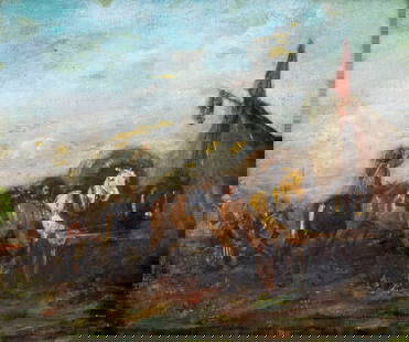 Alfred Friedlander (Austrian,German,1860-1927) oil painting antique: ARTIST: Alfred Ritter von Malheim Friedlander (Austria, Germany, 1860 - 1927) NAME: Military Encampment MEDIUM: oil on canvas CONDITION: Missing few flakes of paint. Very minor craquelure. No visible