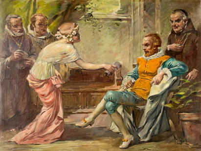 Josef Brunner (Austria,1884-1962) oil on canvas: ARTIST: Josef Brunner (Austria, 1884 - 1962) NAME: A Classical Scene with a Maiden Serving Her Lord MEDIUM: oil on canvas CONDITION: Excellent. No visible inpaint under UV light. SIGHT SIZE: 24 x 31 i
