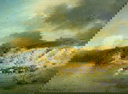 Andreas Achenbach (CA,German,1815-1910) oil painting antique: ARTIST: Andreas Achenbach (California, Germany, 1815 - 1910) TITLE: Watering the Herd YEAR: 1887 MEDIUM: oil on canvas CONDITION: One patch. Missing a few flakes of paint. Some stable craquelure. Two