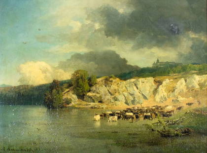 Andreas Achenbach (CA,German,1815-1910) oil painting antique: ARTIST: Andreas Achenbach (California, Germany, 1815 - 1910) TITLE: Watering the Herd YEAR: 1887 MEDIUM: oil on canvas CONDITION: One patch. Missing a few flakes of paint. Some stable craquelure. Two