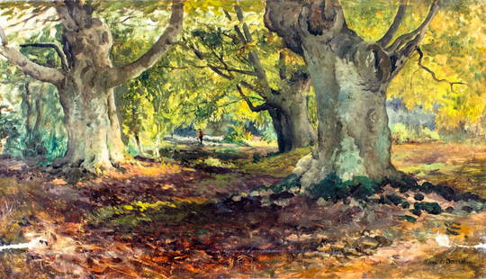 Alfred De Breanski Sr (UK,1852-1928) oil painting antique: ARTIST: Alfred De Breanski Sr (United Kingdom, 1852 - 1928) TITLE: Landscape - Burnham Beeches MEDIUM: oil on canvas CONDITION: One small patch. Relined. Some paint losses (see pictures carefully). So