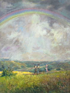 Alexander Goltz (Austria,1857-1944) oil painting antique: ARTIST: Alexander Demetrius Goltz (Austrian, 1857 - 1944) NAME: Landscape with Figures YEAR: 1894 MEDIUM: oil on board CONDITION: Very good. No visible inpaint under UV light. SIGHT SIZE: 23 x 18 inch