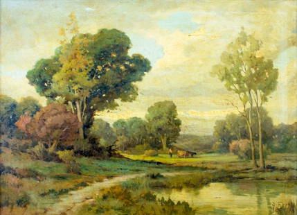 Angel Espoy (Spanish,CA,1879-1963) oil painting: ARTIST: Angel De Service Espoy (Spain, California, 1879 - 1963) TITLE: Landscape - The East Pasture MEDIUM: oil on canvas CONDITION: Missing a few flakes of paint. No visible inpaint under UV light. W