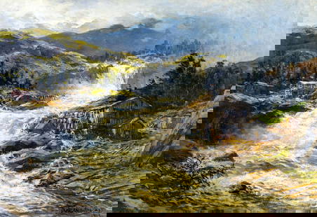 Themistocles von Eckenbrecher (German,1842-1921) oil painting antique: ARTIST: Themistocles von Eckenbrecher (Germany, 1842 - 1921) TITLE: Mountain River Landscape YEAR: 1919 MEDIUM: oil on canvas CONDITION: Few small paint losses. No visible inpaint under UV light. ART