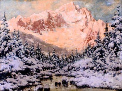 Laszlo Neogrady (Hungary,1896-1962) oil painting: ARTIST: Laszlo Neogradi (Hungarian, 1896 - 1962) TITLE: Apline Winter Landscape MEDIUM: oil on canvas CONDITION: Relined. Few minor paint losses. No visible inpaint under UV light. Wear to frame. ART